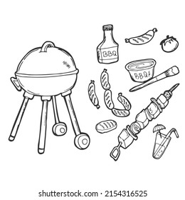 Hand drawn doodle barbecue icons set. Products and tools for barbecue party.