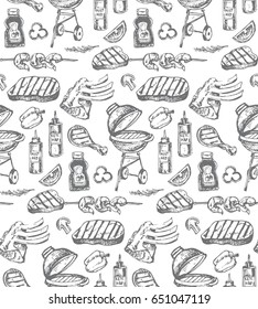 Hand drawn doodle barbecue pattern. Bbq food. Vector illustration