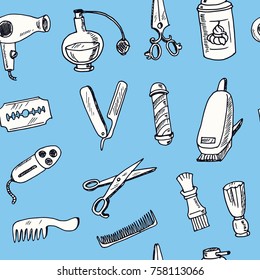 Hand drawn doodle barbershop seamless pattern. Vector illustration. Symbol collection.