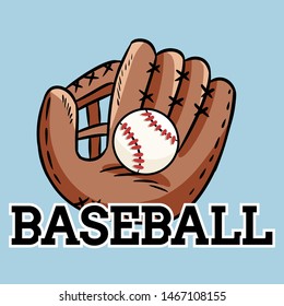 Hand drawn doodle of baseball glove holding a ball. Cartoon style drawing, for posters, decoration and print