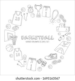 Hand drawn doodle Basketball set. Vector illustration. Sketchy sport related icons: ball, hoop, net, basket, sport wear, sport shoes, winner cup, stopwatch, headphones, game field. Cartoon objects