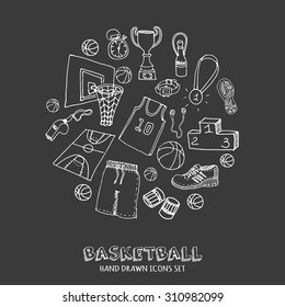 Hand drawn doodle basketball set. Vector illustration. Sketchy sport related icons, basketball elements, ball, hoop, net, basket, backboard, number, sport wear, sport shoes, winner cup