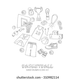 Hand Drawn Doodle Basketball Set. Vector Illustration. Sketchy Sport Related Icons, Basketball Elements, Ball, Hoop, Net, Basket, Backboard, Number, Sport Wear, Sport Shoes, Winner Cup