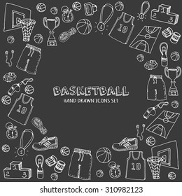 Hand drawn doodle basketball set. Vector illustration. Sketchy sport related icons, basketball elements, ball, hoop, net, basket, backboard, number, sport wear, sport shoes, winner cup