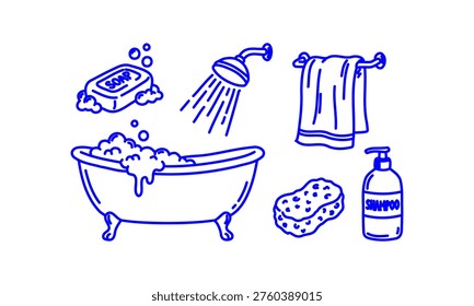 Hand Drawn Doodle Bathroom Hygiene Icons Set with Bathtub Shower Soap Towel Sponge and Shampoo Sketch Style Cleaning Collection