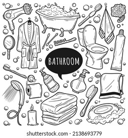 Hand drawn doodle Bathroom icons set. Vector illustration home bath symbols collection. Line art elements on white background. Doodle sketch toilet, shower, bathtub, lavatory, towel, robe