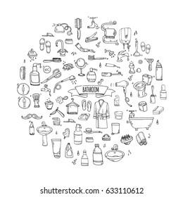 Hand drawn doodle Bathroom related icons set Vector illustration home bath symbols collection Cartoon elements on white background Sketch Toilet Sink Shower Bathtub Lavatory Towel Robe Slippers Fan