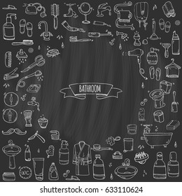 Hand drawn doodle Bathroom related icons set Vector illustration home bath symbols collection Cartoon elements on white background Sketch Toilet Sink Shower Bathtub Lavatory Towel Robe Slippers Fan