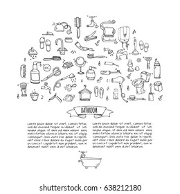 Hand drawn doodle Bathroom related icons set Vector illustration home bath symbols collection Cartoon elements on white background Sketch Toilet Sink Shower Bathtub Lavatory Towel Robe Slippers Fan