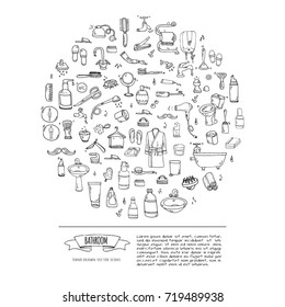 Hand drawn doodle Bathroom related icons set Vector illustration home bath symbols collection Cartoon elements on white background Sketch Toilet Sink Shower Bathtub Lavatory Towel Robe Slippers Fan