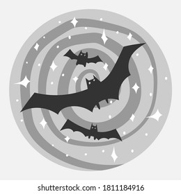 Bates de doodle dibujados a mano sobre el fondo del círculo gris hipnótico con estrellas blancas. Para web, postal y diseño