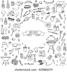 Hand drawn doodle BBQ party icons set. Vector illustration summer barbecue symbols collection Cartoon various meals, drinks, food ingredients and decoration elements on white background Sketch