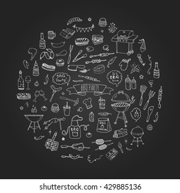 Hand drawn doodle BBQ party icons set. Vector illustration summer barbecue symbols collection Cartoon various meals, drinks, food ingredients and decoration elements on blackboard background Sketch