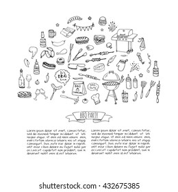 Hand drawn doodle BBQ party icons set. Vector illustration summer barbecue symbols collection Cartoon various meals, drinks, food ingredients and decoration elements on white background Sketch