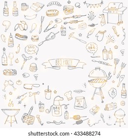 Hand drawn doodle BBQ party icons set. Vector illustration summer barbecue symbols collection Cartoon various meals, drinks, food ingredients and decoration elements on white background Sketch