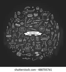 Hand drawn doodle BBQ party icons set Vector illustration summer barbecue symbols collection Cartoon various meals, drinks, ingredients and decoration elements on white background Sketch