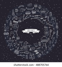 Hand drawn doodle BBQ party icons set Vector illustration summer barbecue symbols collection Cartoon various meals, drinks, ingredients and decoration elements on white background Sketch