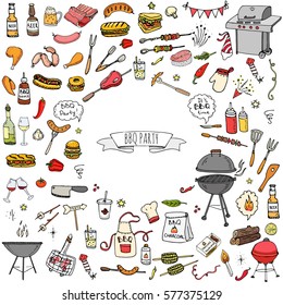 Hand drawn doodle BBQ party icons set Vector illustration summer barbecue symbols collection Cartoon various meals, drinks, ingredients and decoration elements on white background Sketch