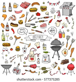 Hand drawn doodle BBQ party icons set Vector illustration summer barbecue symbols collection Cartoon various meals, drinks, ingredients and decoration elements on white background Sketch