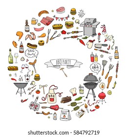 Hand drawn doodle BBQ party icons set Vector illustration summer barbecue symbols collection Cartoon various meals, drinks, ingredients and decoration elements on white background Sketch