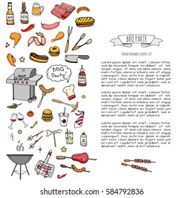 Hand drawn doodle BBQ party icons set Vector illustration summer barbecue symbols collection Cartoon various meals, drinks, ingredients and decoration elements on white background Sketch