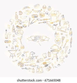Hand drawn doodle BBQ party icons set Vector illustration summer barbecue symbols collection Cartoon various meals, drinks, ingredients and decoration elements on white background Sketch