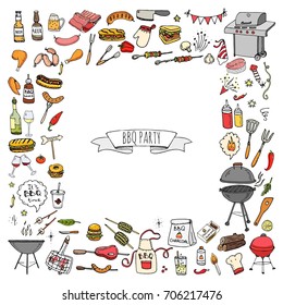 Hand drawn doodle BBQ party icons set Vector illustration summer barbecue symbols collection Cartoon various meals, drinks, ingredients and decoration elements on white background Sketch