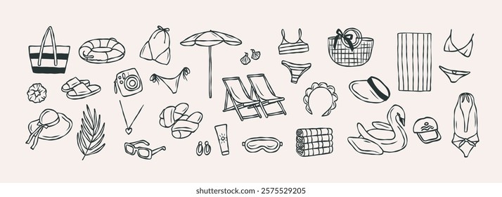 Hand drawn doodle beach essentials collection