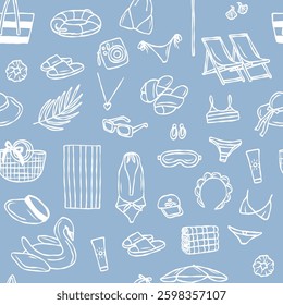 Hand drawn doodle beach essentials seamless pattern