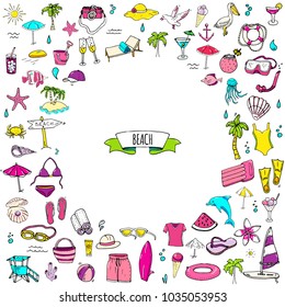 Hand drawn doodle Beach set icons Vector illustration Sketchy summer vacation elements collection Isolated holiday objects Cartoon sea relax journey symbols Summertime traveling background 