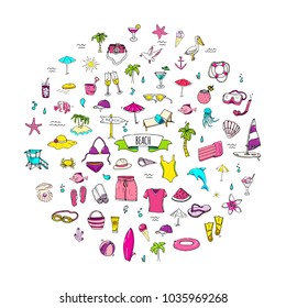 Hand drawn doodle Beach set icons Vector illustration Sketchy summer vacation elements collection Isolated holiday objects Cartoon sea relax journey symbols Summertime traveling background 