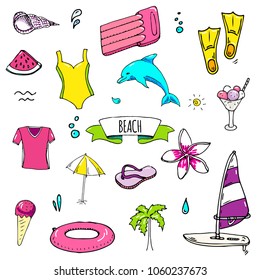 Hand drawn doodle Beach set icons Vector illustration Sketchy summer vacation elements collection Isolated holiday objects Cartoon sea relax journey symbols Summertime traveling background 