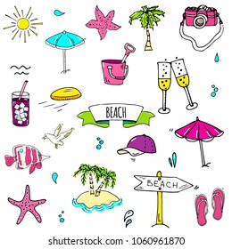 Hand drawn doodle Beach set icons Vector illustration Sketchy summer vacation elements collection Isolated holiday objects Cartoon sea relax journey symbols Summertime traveling background 