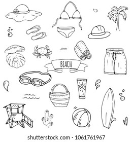 Hand drawn doodle Beach set icons Vector illustration Sketchy summer vacation elements collection Isolated holiday objects Cartoon sea relax journey symbols Summertime traveling background 