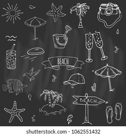 Hand drawn doodle Beach set icons Vector illustration Sketchy summer vacation elements collection Isolated holiday objects Cartoon sea relax journey symbols Summertime traveling background 