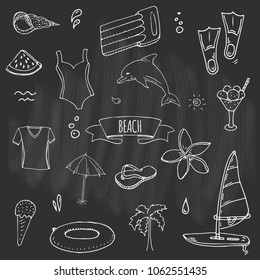 Hand drawn doodle Beach set icons Vector illustration Sketchy summer vacation elements collection Isolated holiday objects Cartoon sea relax journey symbols Summertime traveling background 