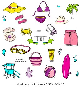 Hand drawn doodle Beach set icons Vector illustration Sketchy summer vacation elements collection Isolated holiday objects Cartoon sea relax journey symbols Summertime traveling background 