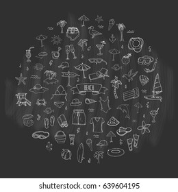 Hand drawn doodle Beach set icons Vector illustration Sketchy summer vacation elements collection Isolated holiday objects Cartoon sea relax journey symbols Summertime traveling background 