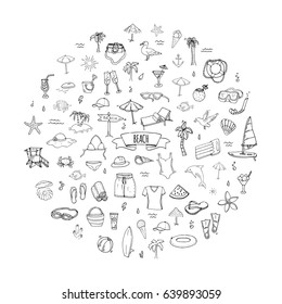 Hand drawn doodle Beach set icons Vector illustration Sketchy summer vacation elements collection Isolated holiday objects Cartoon sea relax journey symbols Summertime traveling background 