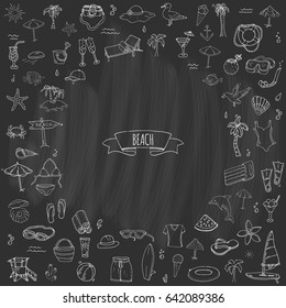 Hand drawn doodle Beach set icons Vector illustration Sketchy summer vacation elements collection Isolated holiday objects Cartoon sea relax journey symbols Summertime traveling background 