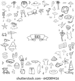 Hand drawn doodle Beach set icons Vector illustration Sketchy summer vacation elements collection Isolated holiday objects Cartoon background 