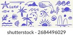 Hand drawn doodle beach and surf vector illustrations set. Tropical coastal season element like palm trees, waves, surfboards, whale, dolphin and sun perfect for exotic holiday or summer design print
