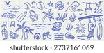 Hand drawn doodle beach and surf vector illustration set. Tropical naive coastal elements like palm trees, waves, surfboards, and sun perfect for summer designs, t-shirts, posters, and placard prints.