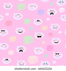 Hand drawn doodle bear emoticons. Vector seamless pattern. Pink background
