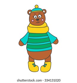 Hand drawn doodle bear in winter clothes. Cute forest animal for kids design. Vector. Isolated.