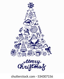 Hand drawn doodle beautiful Christmas tree. Winter wear, gifts,snowflakes,food,animals and other holiday symbols,Christmas elements. Christmas and New Year objects.