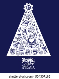 Hand drawn doodle beautiful Christmas tree. Winter wear, gifts,snowflakes,food,animals and other holiday symbols,Christmas elements. Christmas and New Year objects.