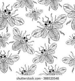 Hand drawn doodle bee illustration. Decorative outline ornate bee drawing with decorative ornaments .Zen tangle seamless pattern
