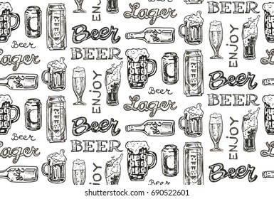 Hand drawn doodle beer set. Pattern with beer