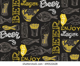 Hand drawn doodle beer set. Pattern with beer